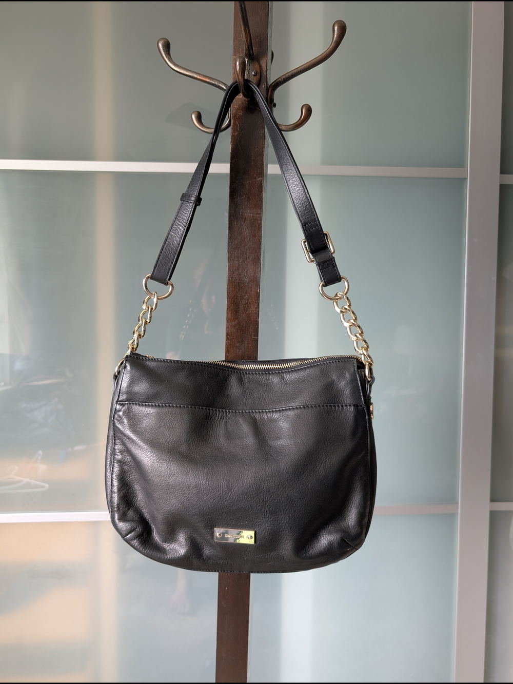 Danier Black Leather Shoulder Bag with Gold Hardware